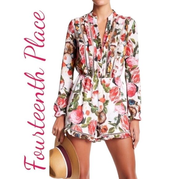 FOURTEENTH PLACE SAKS 5TH AVENUE Romantic Roses Floral Ruffle Romper, Size XS - Picture 1 of 12
